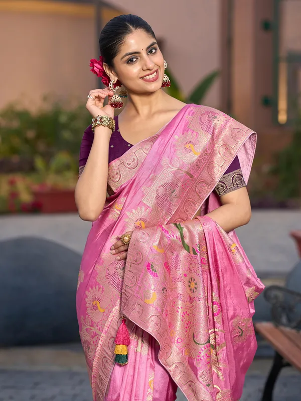 Pink dola silk saree with stones zari weaving