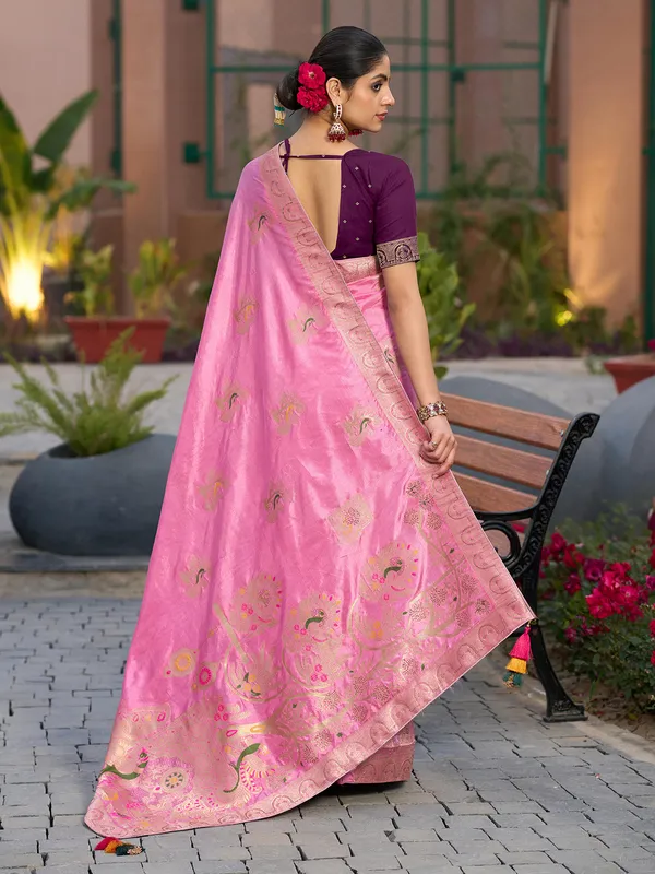 Pink dola silk saree with stones zari weaving