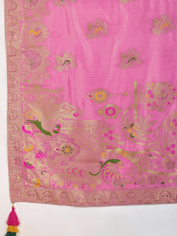 Pink dola silk saree with stones zari weaving