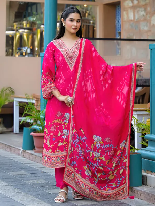 Pink elegant printed silk kurti set for women festive wear