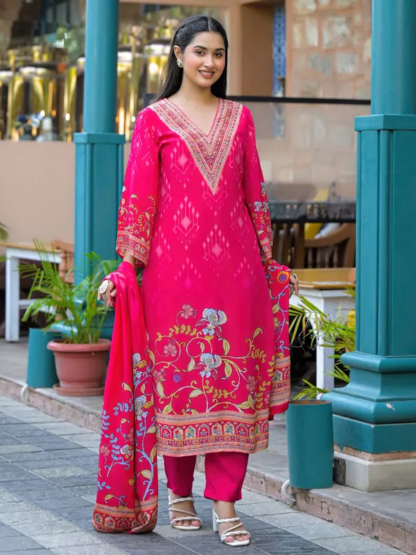 Pink elegant printed silk kurti set for women festive wear