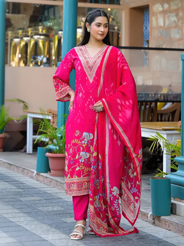 Pink elegant printed silk kurti set for women festive wear