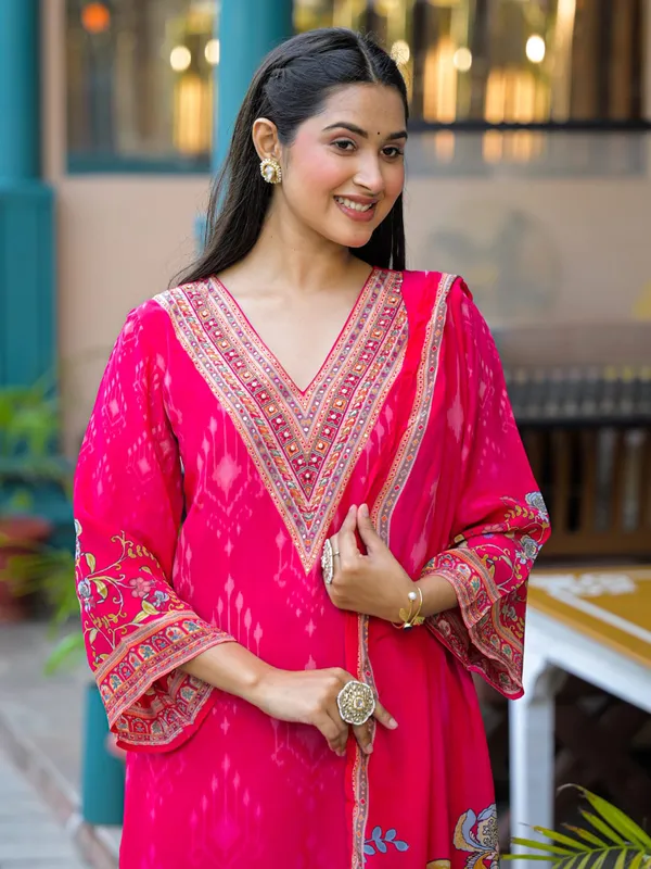 Pink elegant printed silk kurti set for women festive wear