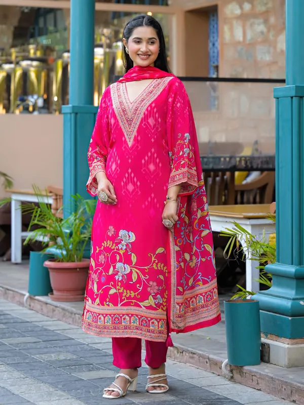 Pink elegant printed silk kurti set for women festive wear