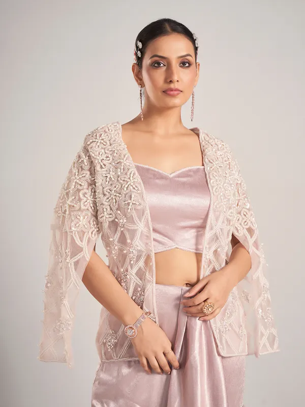 Pink embellished tissue organza indowestern