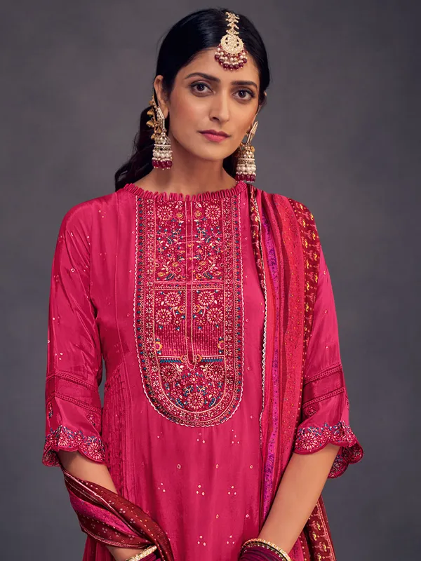 Pink embroidered salwar suit in crepe