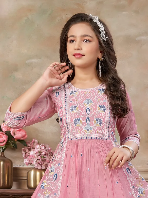 Pink embroidered salwar suit with pants and dupatta