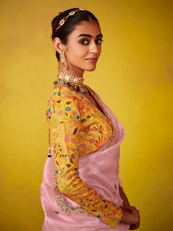 Pink embroidered tissue silk saree