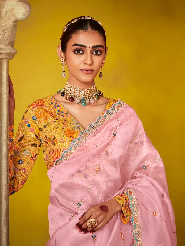 Pink embroidered tissue silk saree