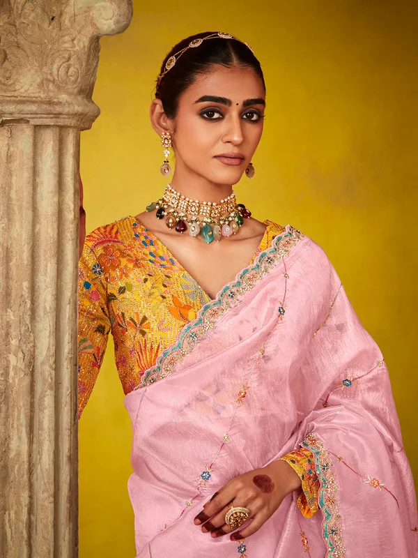 Pink embroidered tissue silk saree