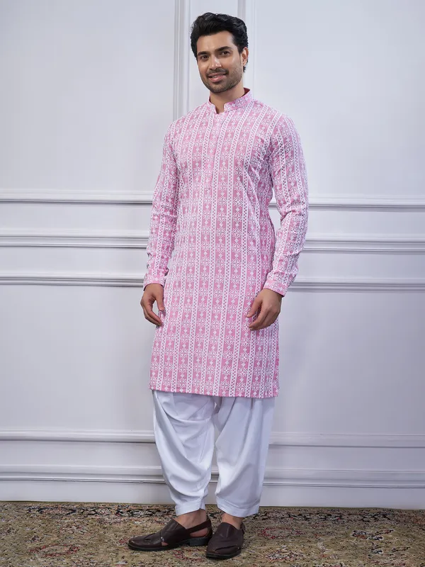 Pink embroidery cotton kurta pajama for mens