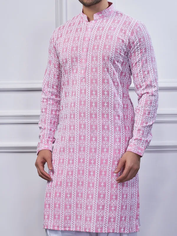 Pink embroidery cotton kurta pajama for mens