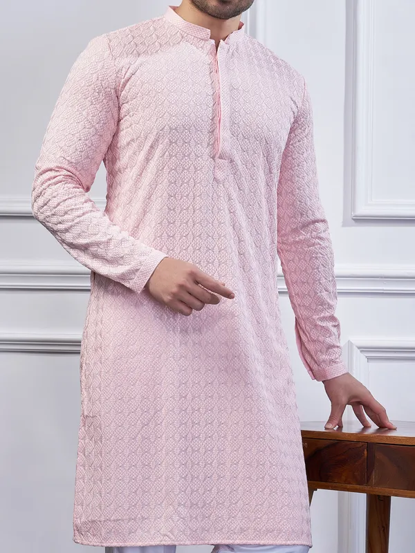 Pink embroidery cotton kurta suit for men