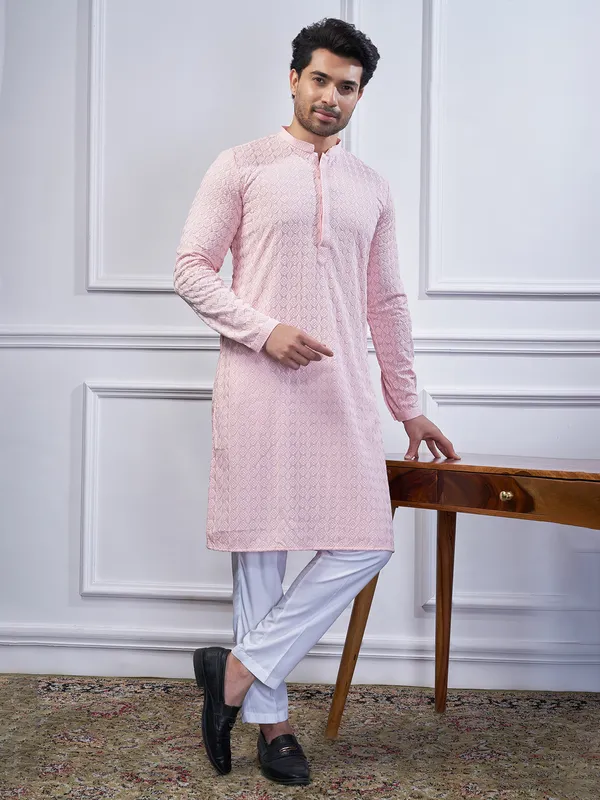 Pink embroidery cotton kurta suit for men