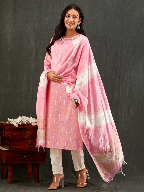 Pink embroidery kurti set with dupatta
