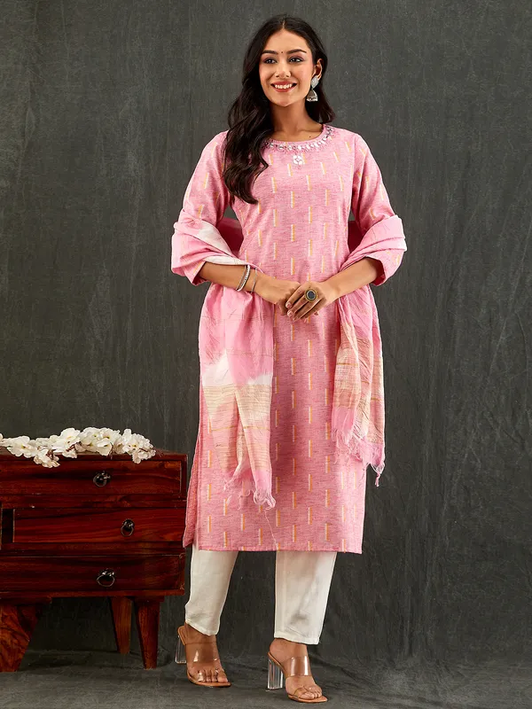 Pink embroidery kurti set with dupatta