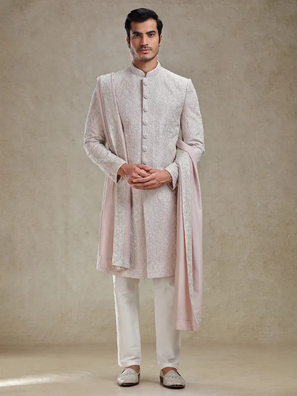 Pink embroidery pattern sherwani for men