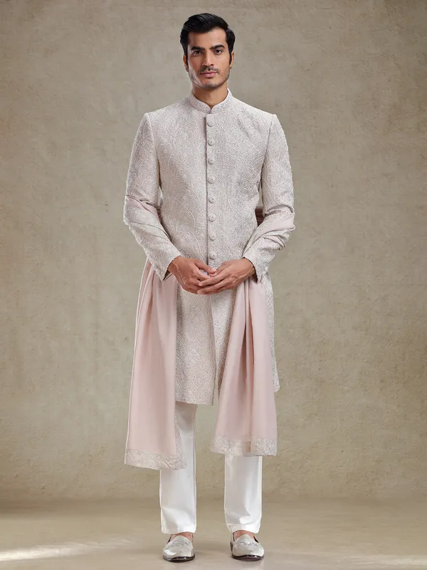 Pink embroidery pattern sherwani for men