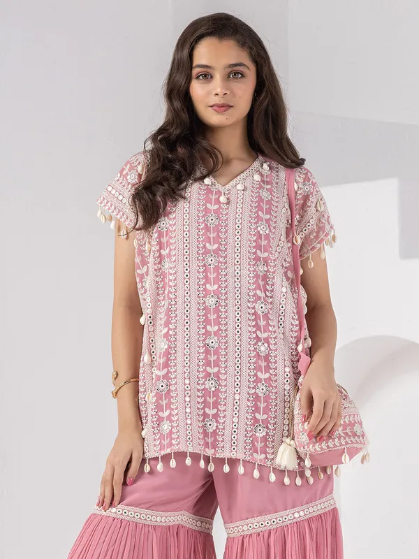 Pink embroidery sharara set