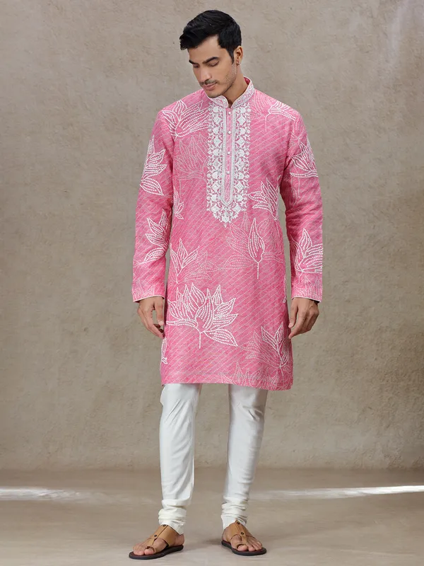 Pink exquisite elegant mens printed kurta set