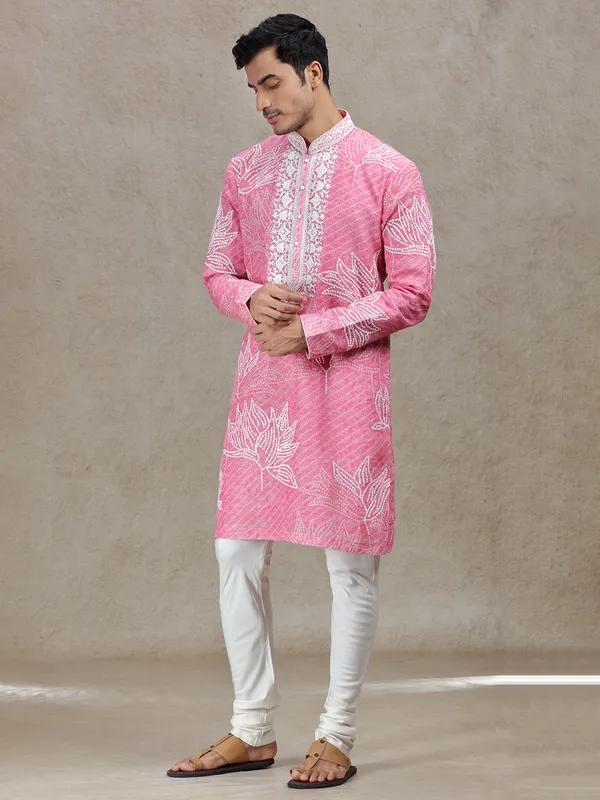 Pink exquisite elegant mens printed kurta set