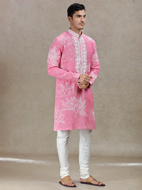 Pink exquisite elegant mens printed kurta set