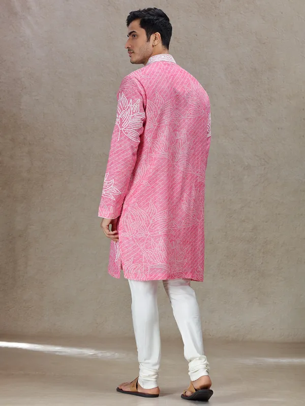 Pink exquisite elegant mens printed kurta set