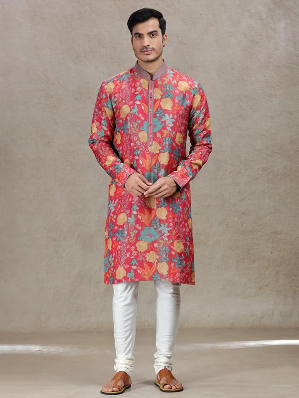 Pink festive allure tussar silk kurta suit for men