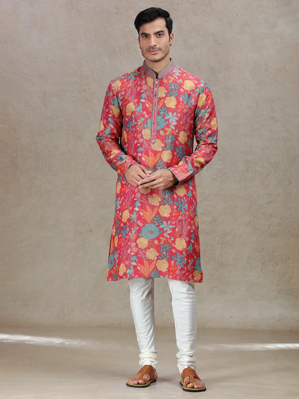 Pink festive allure tussar silk kurta suit for men