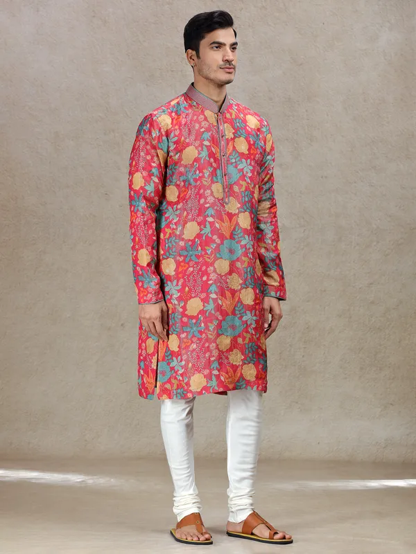 Pink festive allure tussar silk kurta suit for men