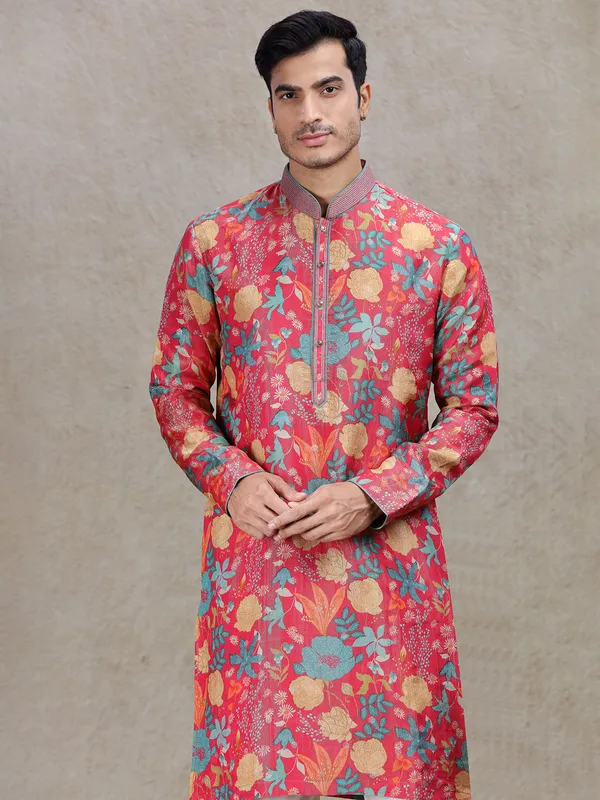 Pink festive allure tussar silk kurta suit for men