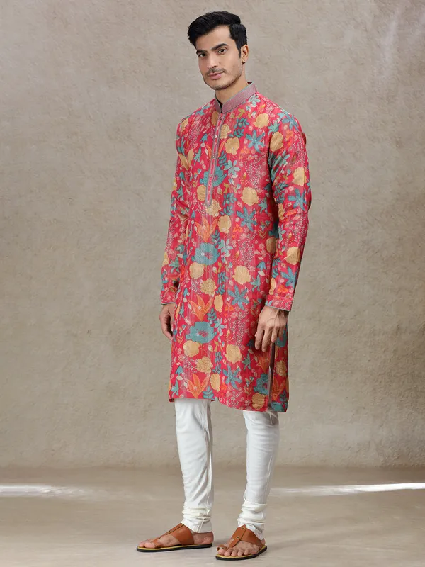 Pink festive allure tussar silk kurta suit for men