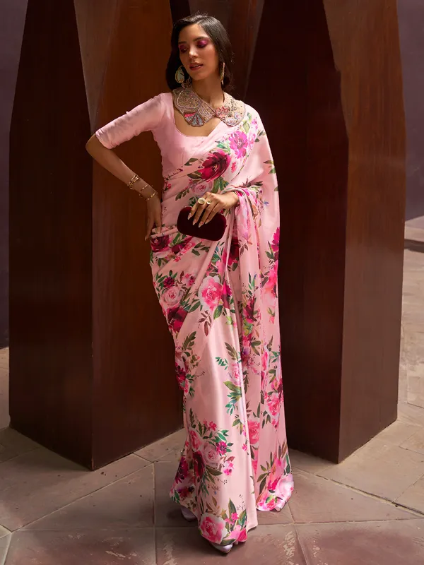 Pink festive look printed crepe silk saree