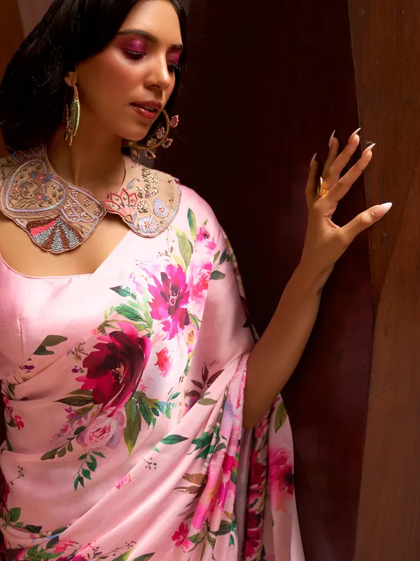 Pink festive look printed crepe silk saree