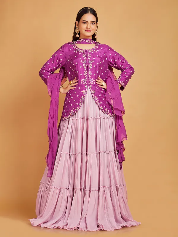 Pink floor length suit with choker ruffle dupatta