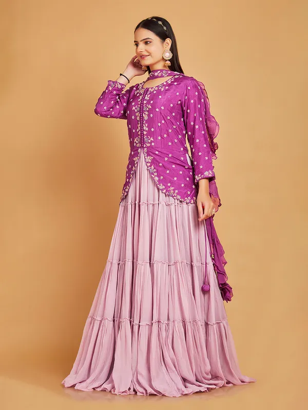 Pink floor length suit with choker ruffle dupatta