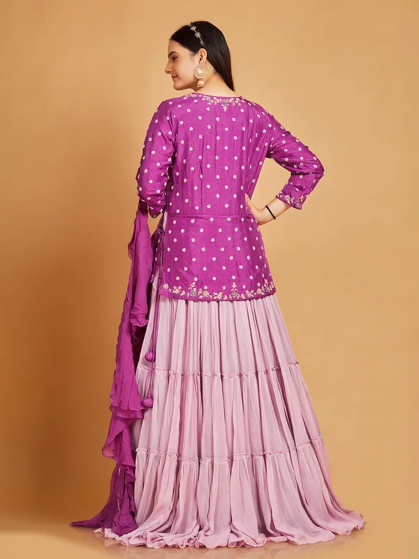 Pink floor length suit with choker ruffle dupatta