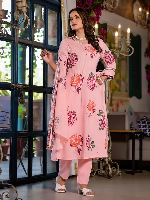 Pink floral print cotton kurti set