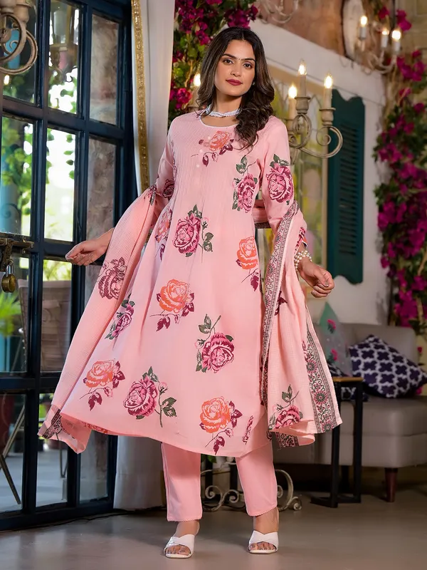 Pink floral print cotton kurti set