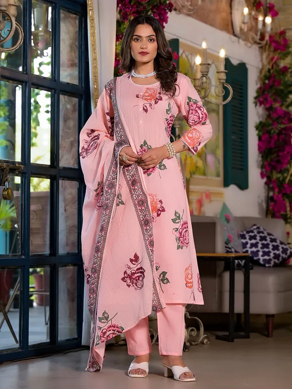 Pink floral print cotton kurti set