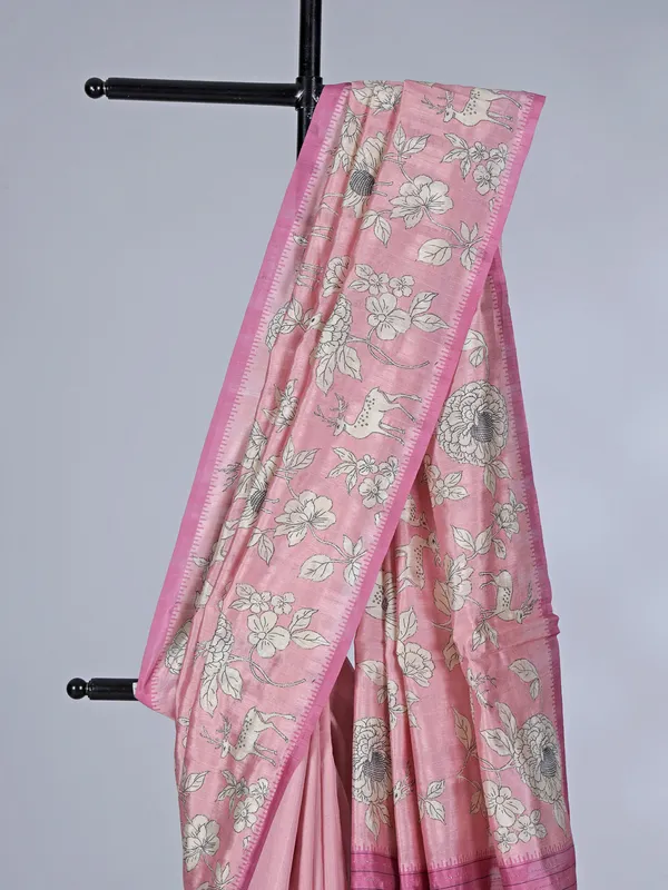 Pink floral printed art silk saree with resham accents