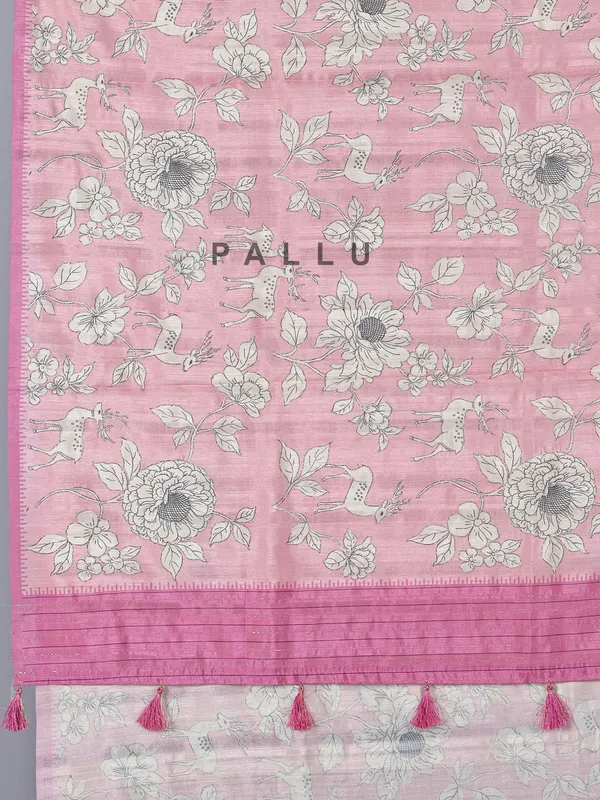 Pink floral printed art silk saree with resham accents