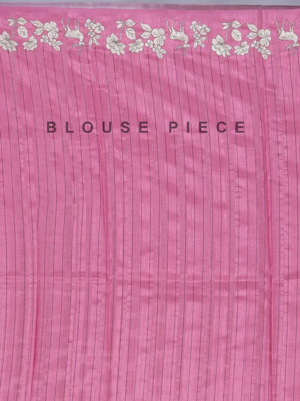 Pink floral printed art silk saree with resham accents