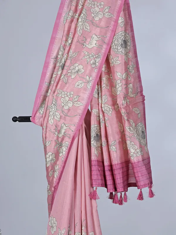 Pink floral printed art silk saree with resham accents