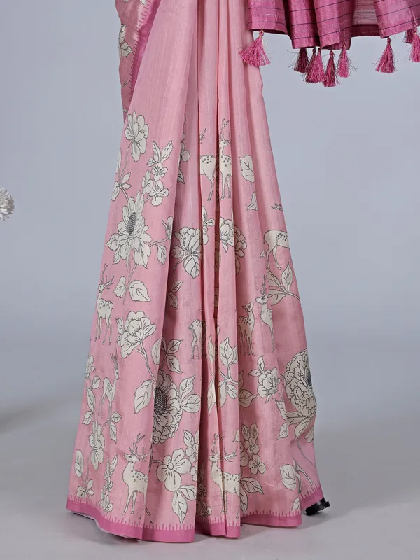 Pink floral printed art silk saree with resham accents