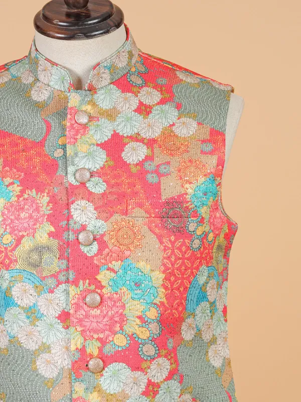 Pink floral printed silk waistcoat
