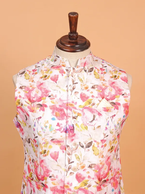 Pink floral printed waist coat for men