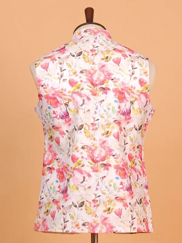 Pink floral printed waist coat for men