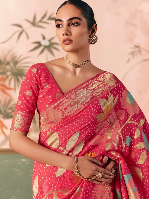 Pink georgette bandhej zari woven festive saree
