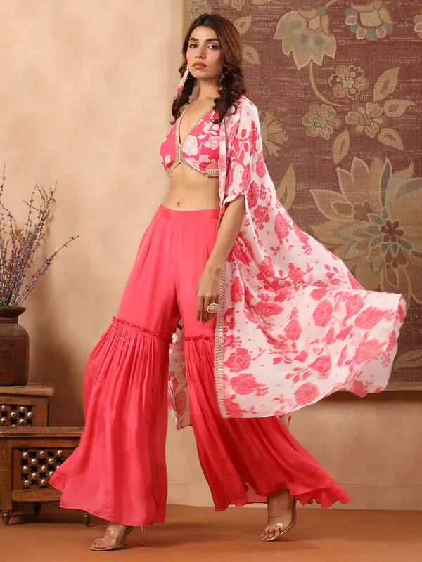 Pink georgette crop top style sharara suit